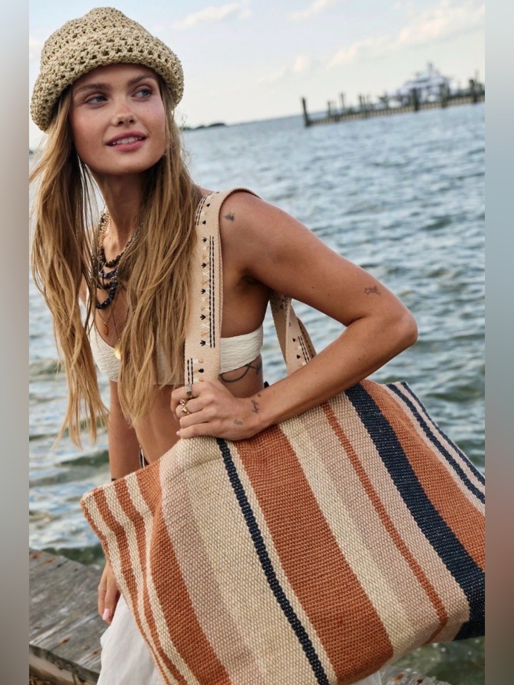 Free People Copacabana Striped Tote Natural Tan Brown Black Big Bags
